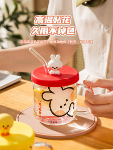 Charming Cartoon Straws High Borosilicate Glass Water Cup with Lid Cold Drink Female Straight Drinking Glass Cylinder Shape