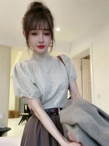 Womens Lace Bubble Sleeve Shirt Loose Short Sleeve round Neck Top Korean Style Casual Fashion Autumn New Arrival Slimming Effect
