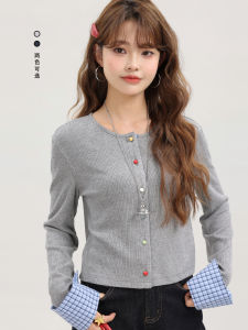Stylish Short Knitted Sweater with Colorful Button Plaid Design Fake Two-Piece Korean Version Slim Fit Spring Fashion Ladies Knitted Top