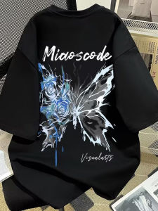 เสื้อยืดแขนสั้นผ้าฝ้ายแท้สไตล์อเมริกัน ทรงหลวม สำหรับผู้ชายและผู้หญิง ลายผีเสื้อ แฟชั่นฤดูร้อน ทรงหลวม ระบายอากาศได้ดี