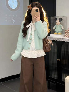 ZHENMANZI | Korean Sweet Knit Cardigan Dot Underwear Set
