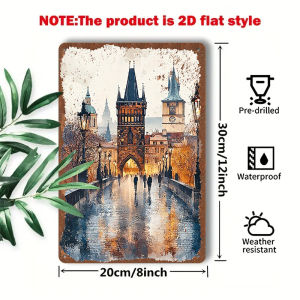 CIFbuy | 1PC 2D Flat Metal Sign Prague Charles Bridge Retro Iron Painting European Art Decor for Home Christmas New Year 8x12in