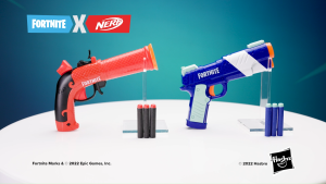 Nerf Fortnite Dual Pack Includes 2 Fortnite Blasters Flint-Knock Dart Blaster LP Dart Blaster and 6 Nerf Elite Foam Darts