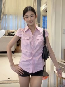 Áo Sơ Mi Nữ Tay Ngắn Kẻ Sọc Hồng Ôm Vừa Vặn Mùa Hè Áo Chui Đầu Cổ Polo Vải Cotton Nylon Spandex Dáng Ôm
