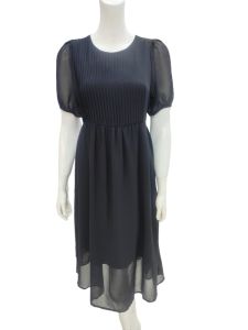 Elegant French Style Short Sleeve Silk Chiffon Dress Womens Summer Waist-Cinching Bubble Sleeve Doll Dress Black