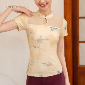 Meesu Yoga Wear Womens Fitness Clothing Short Sleeve Slimming Sport Top Gym Specialized Vintage Print Yoga Shirt