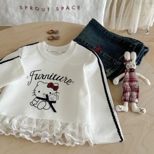 Pink House Girls Sweatshirt New Style Korean Cartoon KT Cat Lace Trim Cute Fashionable Top for Younger Children Cotton Long Sleeve round Neck