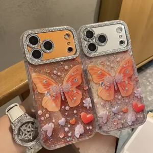 Original Orange Butterfly Glitter Clear Phone Case for iPhone 17 16 15 14 13 Pro Max Rhinestones Diamond Lens Film Frame Cover