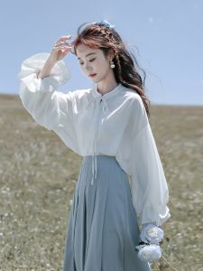 เสื้อเชิ้ตผ้าชีฟองแขนยาวทรงหลวมสไตล์ฝรั่งเศส White Lout Spring New Stand Collar Long Sleeve Slimming Womens Shirt