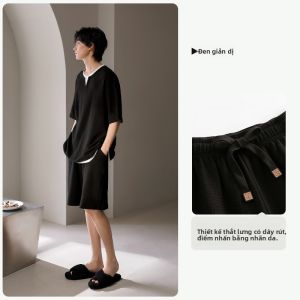 yuenei | Áo ngủ nam tay ngắn mùa hè bằng cotton nguyên chất màu đen thoải mái thoáng khí quần short mặc nhà phong cách tối giản giản dị sang trọng