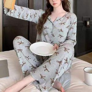 Women Spring Autumn Pajamas Student V-neck Cartoon Long Sleeve Long Pants Set Loose Breathable Home Wear Girls Lady Worn Outside
