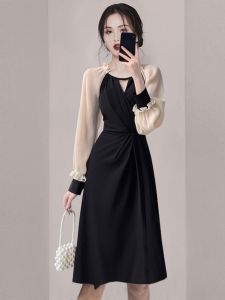 French Elegant Black Slimming Dress High Waist A-Line Skirt Long Sleeve round Neck Polyester Fiber Midi Dress for Autumn