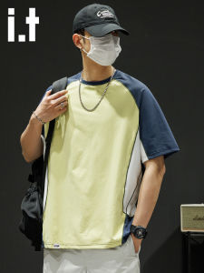 izzue | Stripe Contrast Design Round Collar Thin Breathable Splicing T-shirt