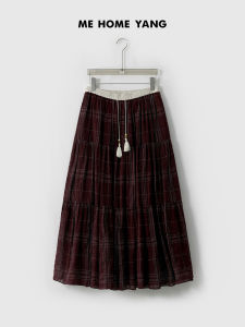 Casual Tassel Trim Skirt Breathable High Waist Slimming Versatile Bubble Texture Plaid Mid-Length A-Line Skirt for Women