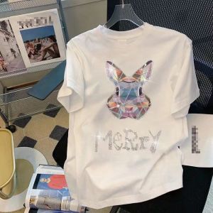 Pure Cotton Heavy Embellished Short Sleeve Womens T-shirt Summer New Design Loose Versatile Korean Style round Neck Top