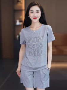 Pure Cotton Rhinestone Shorts Sports Suit Women Summer 2024 New Style Casual Sportswear Gray Two-Piece Set Crewneck Pullover