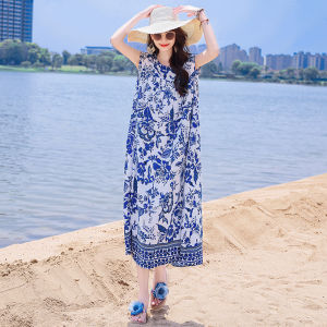 Summer 2025 Beach Vacation Cotton Silk Dress Floral Print Ultra Soft V-Neck Midi Skirt Sleeveless New Arrival Trendy Beachy Style