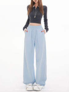 Blue High Waist Fleece Lined Wide Leg Pants Womens Casual Loose Straight Cut Sports Trousers Spring Autumn New Style