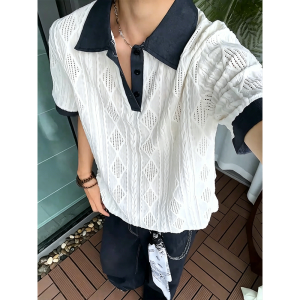CHENMU | Hazy Blue Openwork Polo Shirt Short Sleeves