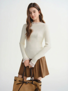 DUSHU | Large Size Lace Ruffled Slim-fit Semi-High Neck Knitwear
