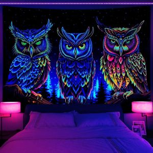 VIKAMA Blacklight Ba Con Cú Tấm Thảm Màu Xanh Neon Mắt Tím UV Phản Ứng Treo Tường Cho Phòng Ngủ Rừng Trang Trí Phòng Ký Túc Xá