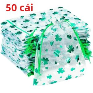 50 CÁI Túi Organza Màu Xanh Lá Cây Tươi Sáng Có Họa Tiết Cỏ Bốn Lá Dành Cho Ngày Thánh Patrick Túi Đựng Đồ Trang Sức Bao Bì Quà Tặng