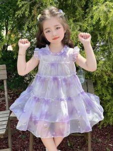 Summer Princess Dress for Girls Purple Flowered Chiffon Children's Clothing Baby Outfit Skirt Sweet Style All Ages Suitable