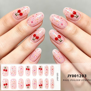 16Tips Colorful Fragment Cherry Nail Polish Stickers Semi-Cured Oval Nails Decals for Sweet Girl Style Full Cover Manicure Wraps