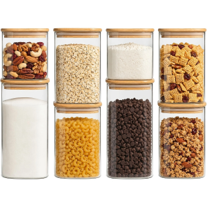 8 Pack-4 Multi Size - Rectangular Jars with Bamboo Lids Food Storage Containers Pantry Storage for Cereal Pasta Rice Spice