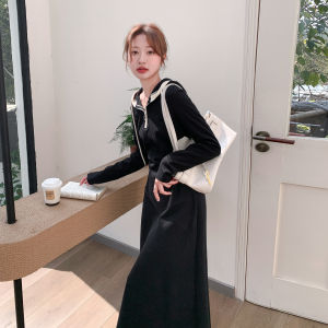 Black Casual Style Slimming Hoodie Dress Womens Autumn New Fashion High Waist Lengthening Effect Ladies Long Sleeve Dress