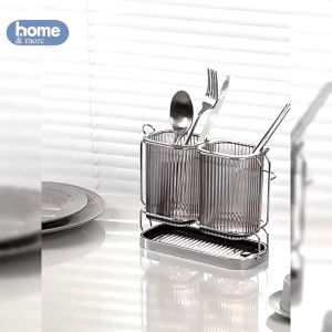 Ống Cắm Đũa Thìa Decor Nhà Bếp Khung Kim Loại Có Khay Hứng Nước. Hộp Đựng Đồ Dao Muỗng Nhựa Acrylic Để Bàn Ăn Sang Trọng