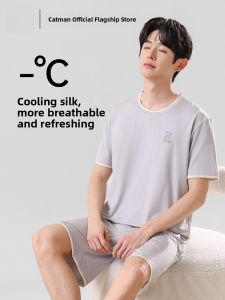 MiiOW | Mens Summer New Ice Silk Cool Feeling Light Weight Short Sleeve Sleepwear Home Clothes Set Comfortable Breathable Short Pants