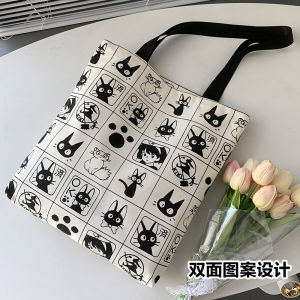 New 2025 Womens Canvas Bag Single Shoulder Zipper Handbag Cartoon Cat Print Student Class Casual Soft Tote Bag Fashionable
