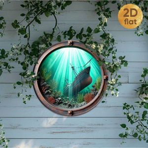 CIFbuy | 2D Metal Porthole Wall Art Ocean Shipwreck Coral Reef Aquarium Decor Gift