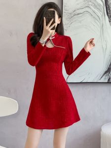 Red Evening Gown Womens New Chinese Style Reformed Qipao Dress Hepburn Style Splicing Snail Velvet High Waist A-Line Skirt