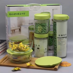 K6654 Set Penyimpanan Bijirin Kaca Lima Keping / K6654 玻璃五谷杂粮收纳五件套 / K6654 Five-Piece Glass Grain Storage Set