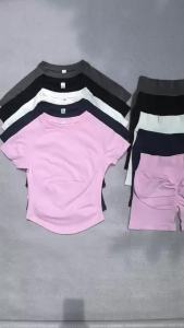 2 Piece Yoga Set Fitted Workout Clothes Woman Gym Wear Longline Short Sleeve Top Scrunch Booty Gym Shorts Seamless Sports Suits