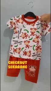 Setelan Baju bayi bayi laki laki motif MONKEY celana coklat usia anak 3-15 bln .
