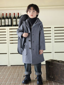 Boys Woolen Coat Autumn New Hooded Mid Length Long Length Childrens Coat K-style Western Style Boy Woolen Outwear Fashion