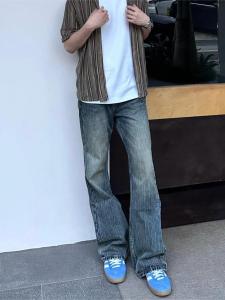 Cleanfit Vintage Washed Blue Bamboo Fiber Mens Slim Straight Jeans Flared Legs Casual Trendy Long Pants mid Waist Denim