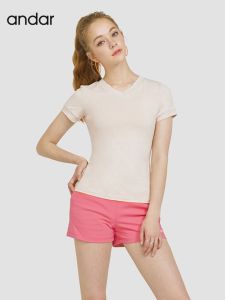 เสื้อยืดคอวีแขนสั้นผ้าฝ้าย Andar สำหรับผู้หญิง ชุดโยคะ ออกกำลังกาย วิ่ง แห้งเร็ว ยืดหยุ่นสูง ระบายอากาศได้ดี ชุดฟิตเนส