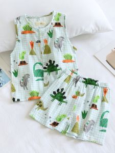 Summer Home Clothes Short Sleeve Vest Pure Cotton Gauze Childrens Clothing Breathable Comfortable Dinosaur Print Boys Set