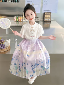 Girls Summer Hanfu Skirt Set Baby Style Tang Dress Two-Piece Suit Princess Skirt Short Sleeve Retro Wind Midi Skirt Other Material