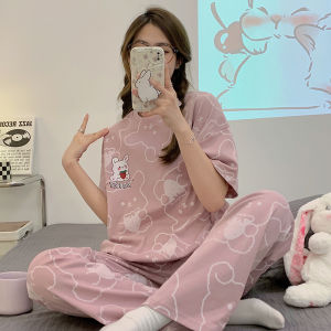 Womens Summer Sleepwear Set Pure Cotton Short Sleeve Long Pants Cuffed Korean Style Large Size Home Clothes Set with Chest Pad