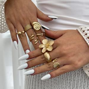 Ingemark | Ingemark 8Pcs/Set Vintage Metal Petal Flower Water Drop Open Rings for Women Trend 2025 Goth Geometric Ring Daily Jewelry Gift
