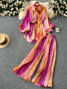 Floral Print High Waist Waist-Cinching Long Sleeve Shirt Womens Anti-Aging Two-Piece Set Slimming Pleated Wide Leg Pants