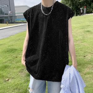 เสื้อยืดแขนกุดสไตล์อเมริกันสำหรับผู้ชาย ทรงหลวม แฟชั่นฤดูร้อน 2025 ใหม่ เสื้อกั๊กแขนกุดแบบลำลอง ผ้าฝ้าย 100%