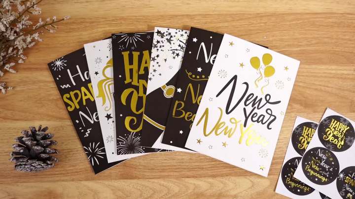72 Pack Happy New Year Cards 2025 Gold Foil with Envelopes and Stickers New Year Eve Greeting Cards Bulk for Office Business Family School Party Invitations