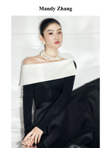 Elegant Off-Shoulder Knit Top Black White Contrast
