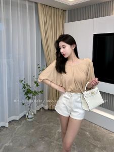 Floral Slim Fit Five-Quarter Sleeve T-Shirt Women Loose Cover up Vintage Belly Cover V-Neck Two-Way Wear Short Length Casual Top